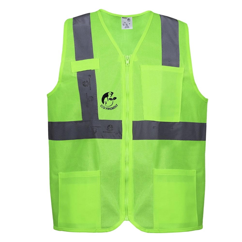 CHALECO ANSI TIPO R CLASE 2, ECOFRIENDLY VERDE HI-VIS, C/REF GRIS DE 2" Y ZIPPER FRONTAL. T-GD.