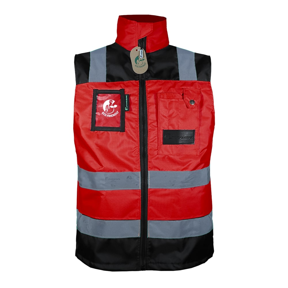 CHALECO ECOFRIENDLY EJECUTIVO DE TRABAJO, ANSI TIPO O CLASE 1, HIGH VISIBILIY ROJO/NEGRO T-CH.