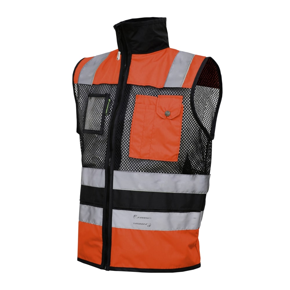 CHALECO DE MALLA ECOFRIENDLY EJECUTIVO DE TRABAJO, ANSI TIPO O CLASE 1, HIGH VISIBILIY ANARANJADO/NEGRO T-CH.