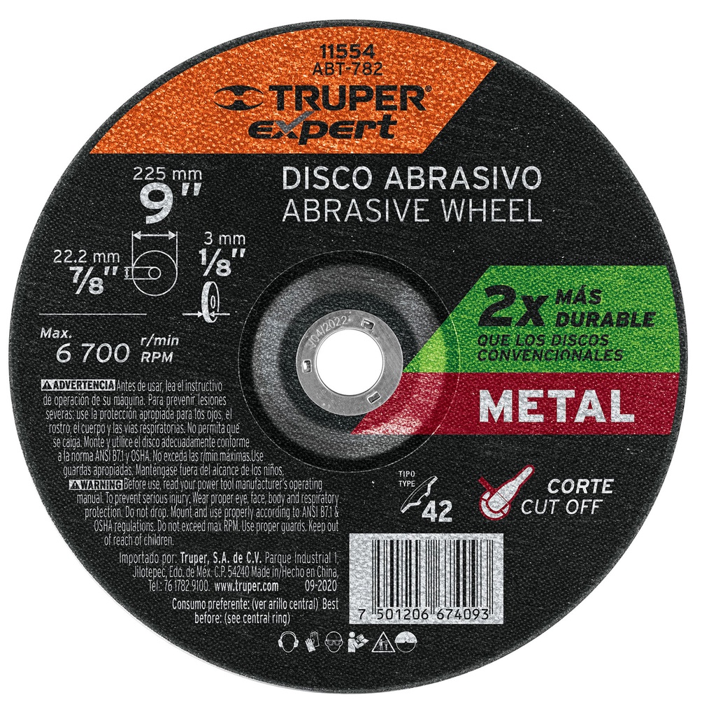 Disco Tipo 42 de 9' x 3.2 mm corte metal, Truper Expert