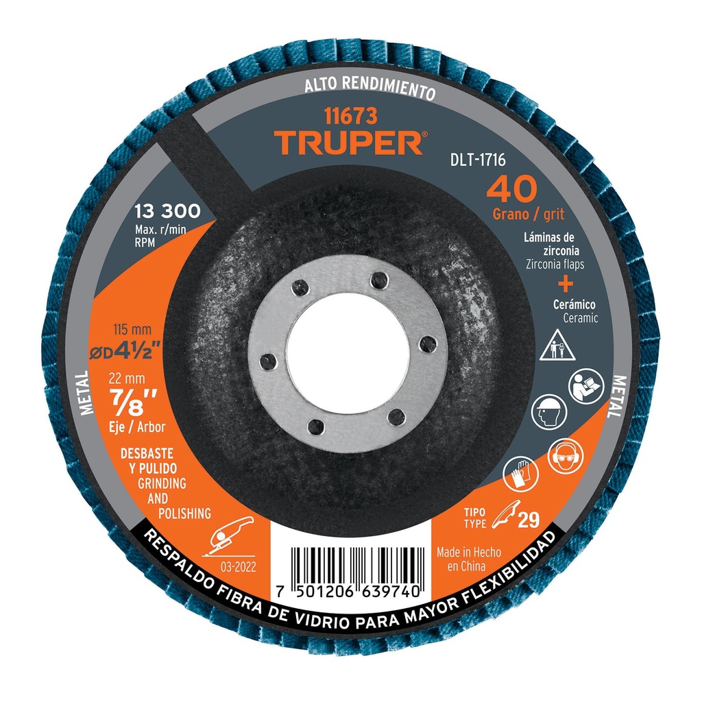 Disco 4-1/2' laminado grano 40 centro 7/8', Truper