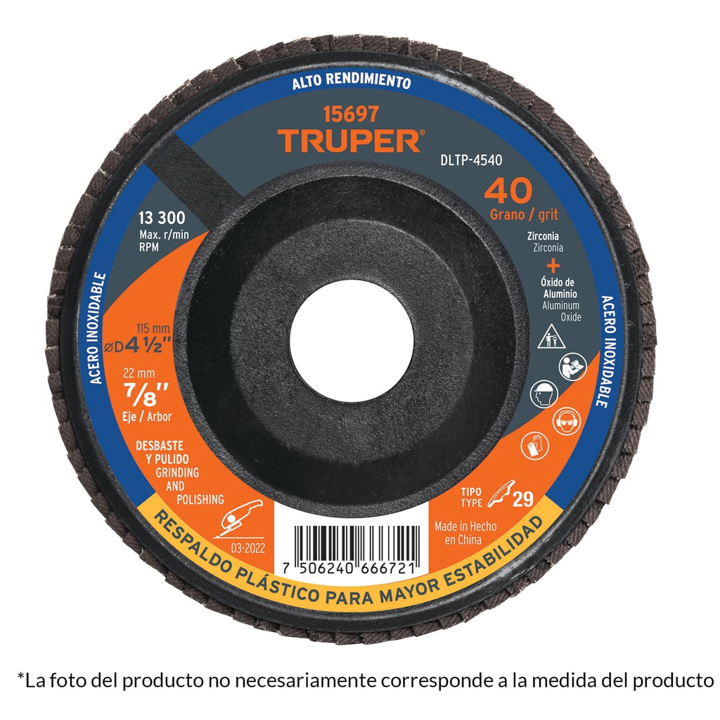 Disco 4-1/2' laminado respaldo plastico grano 80 centro 7/8'