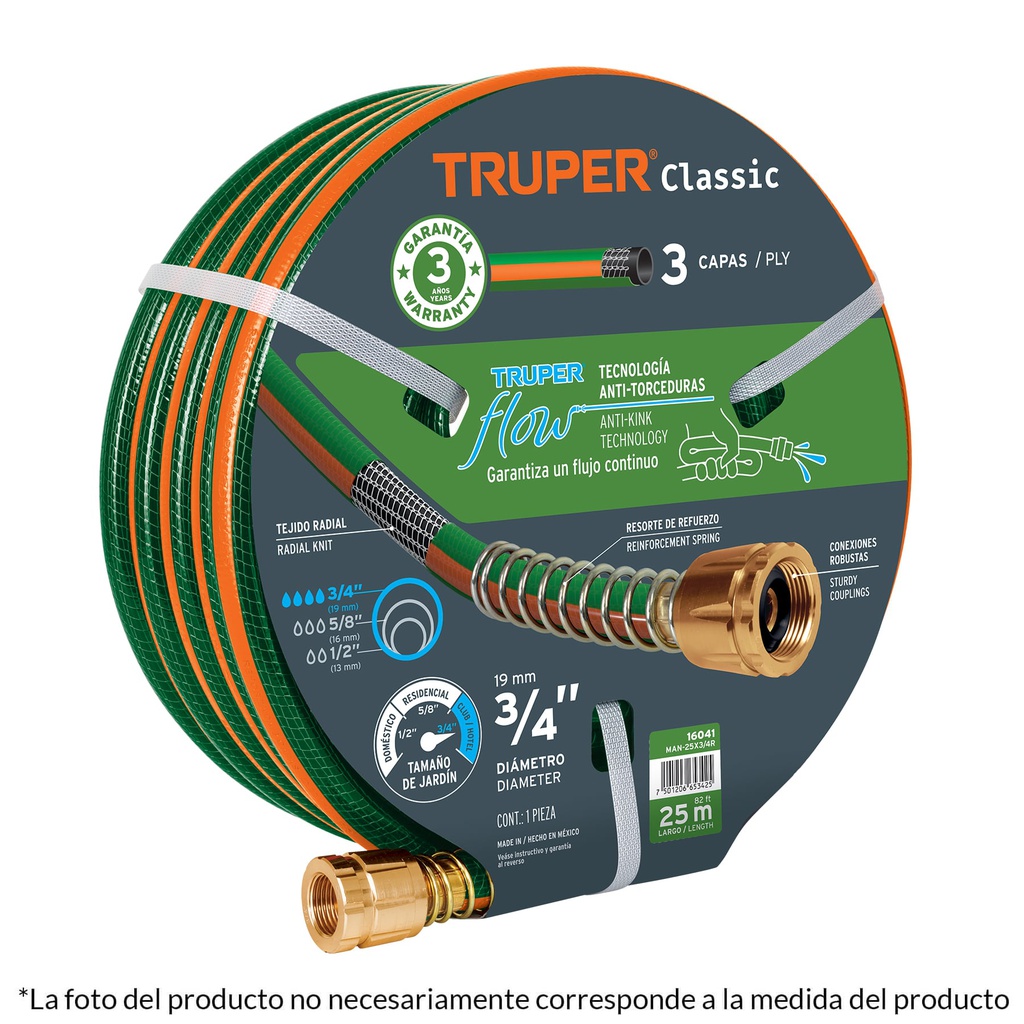 Manguera 1/2' reforzada 3 capas 20 m conexiones de metal