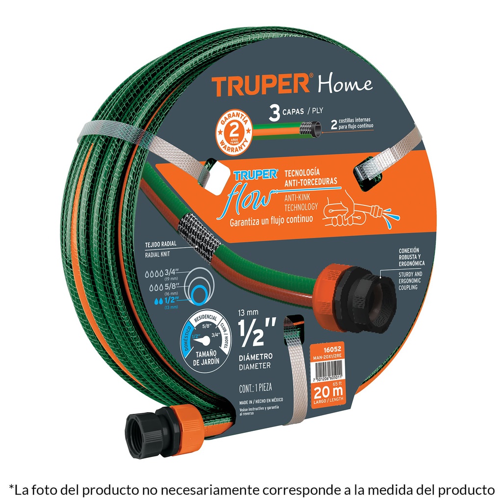 Manguera 1/2'reforzada 3 capas 15 m conexiones plasticas