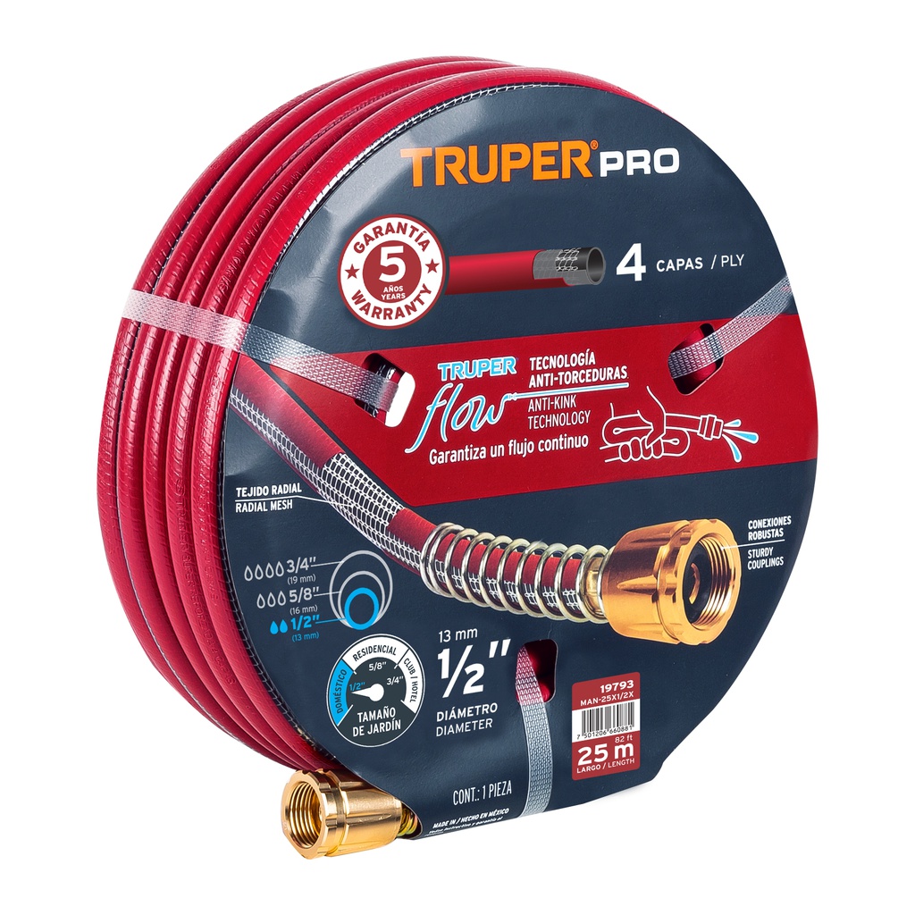 Manguera 1/2' super reforzada 4 capas 25 m conexiones metal