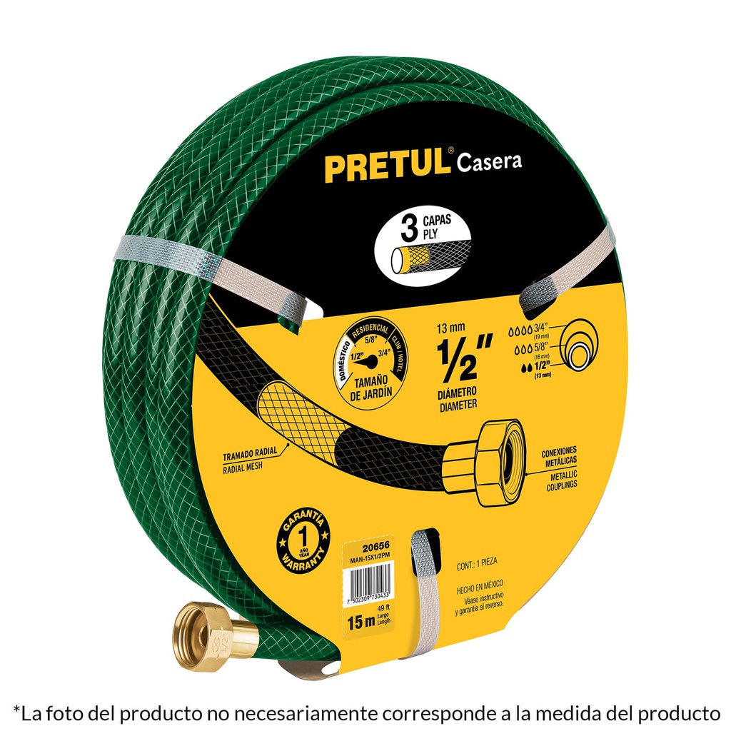 Manguera 1/2' reforzada 3 capas conexiones metal 20m, Pretul