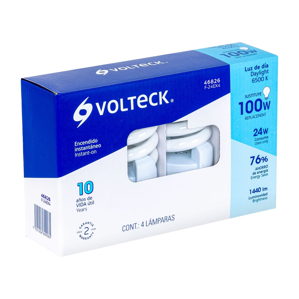 Pack 4 lamparas espiral T4 24 W luz de dia, caja, Volteck