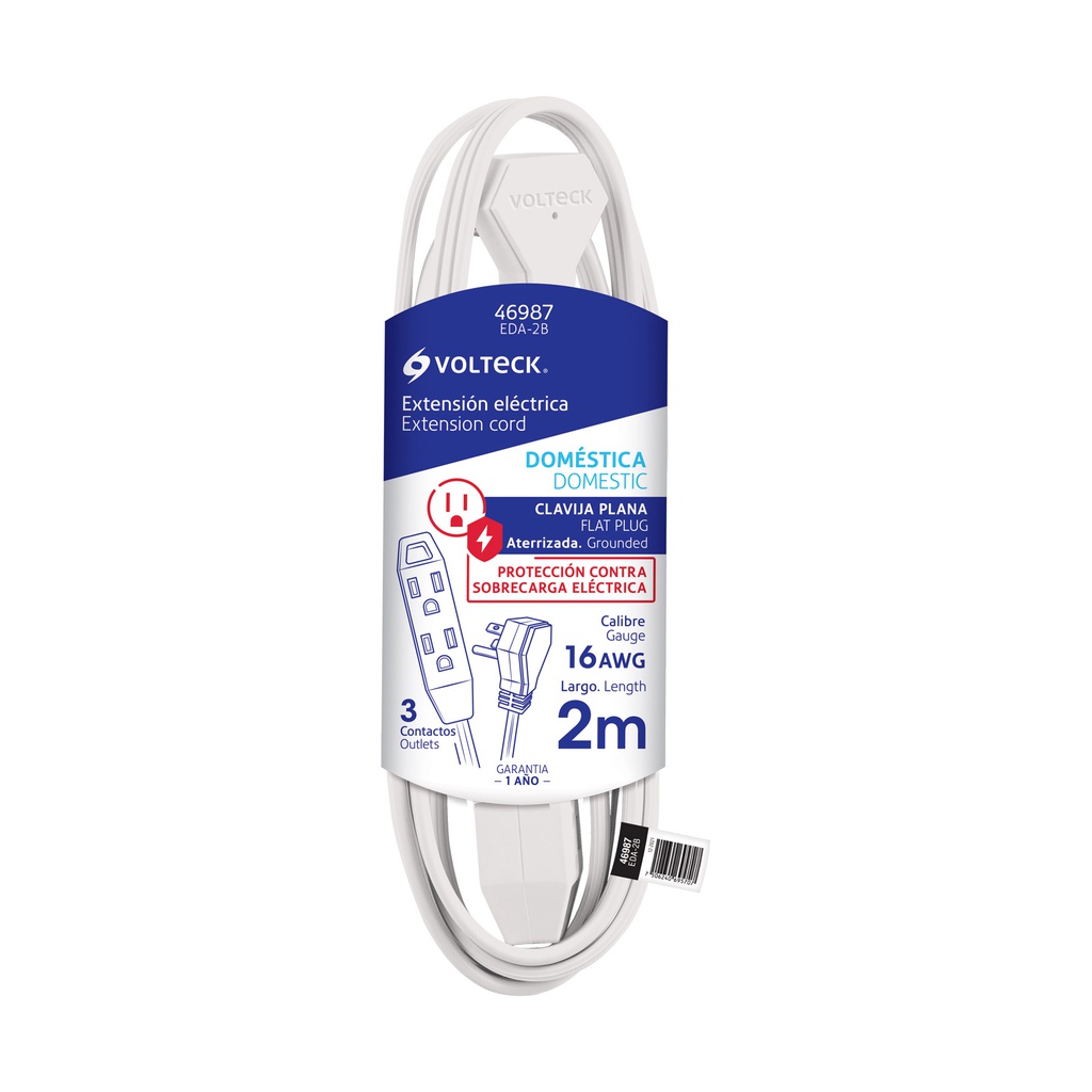 Extension domestica aterrizada 2 m blanca con clavija plana