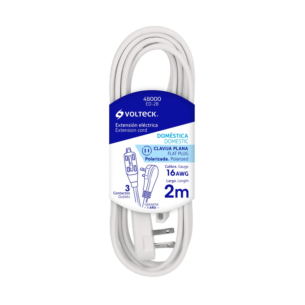 Extension electrica domestica 2 m blanca con clavija plana