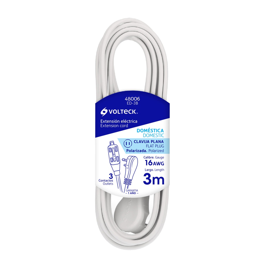 Extension electrica domestica 3 m blanca con clavija plana
