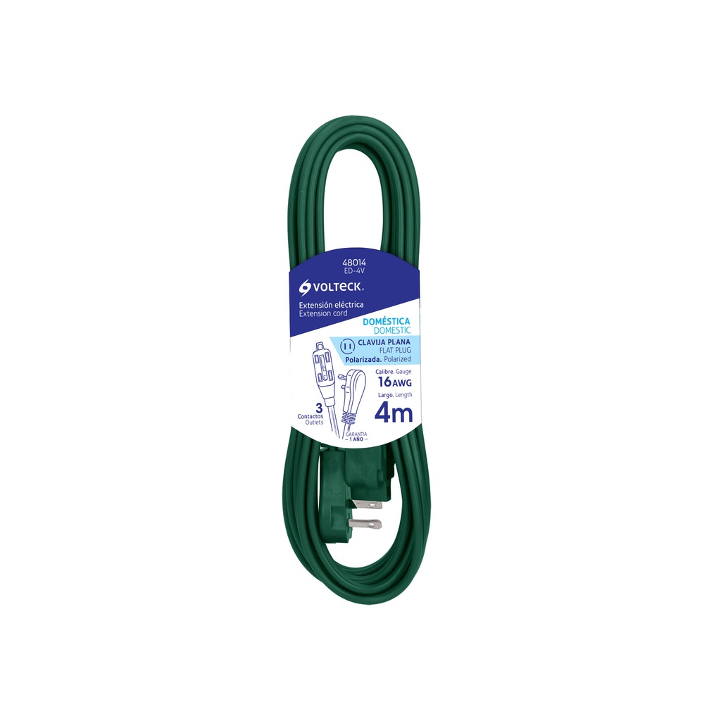 Extension electrica domestica 4 m verde con clavija plana
