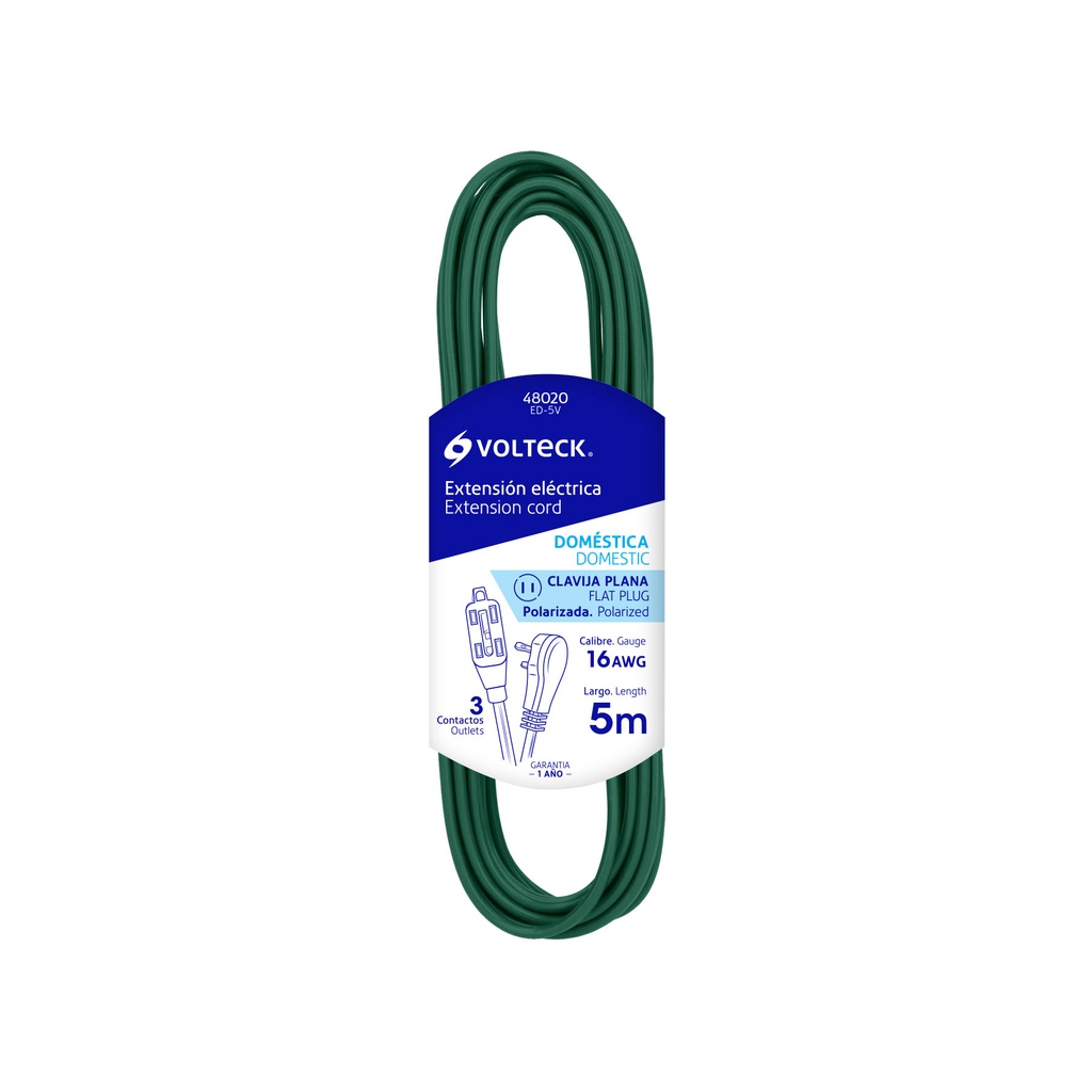 Extension electrica domestica 5 m verde con clavija plana
