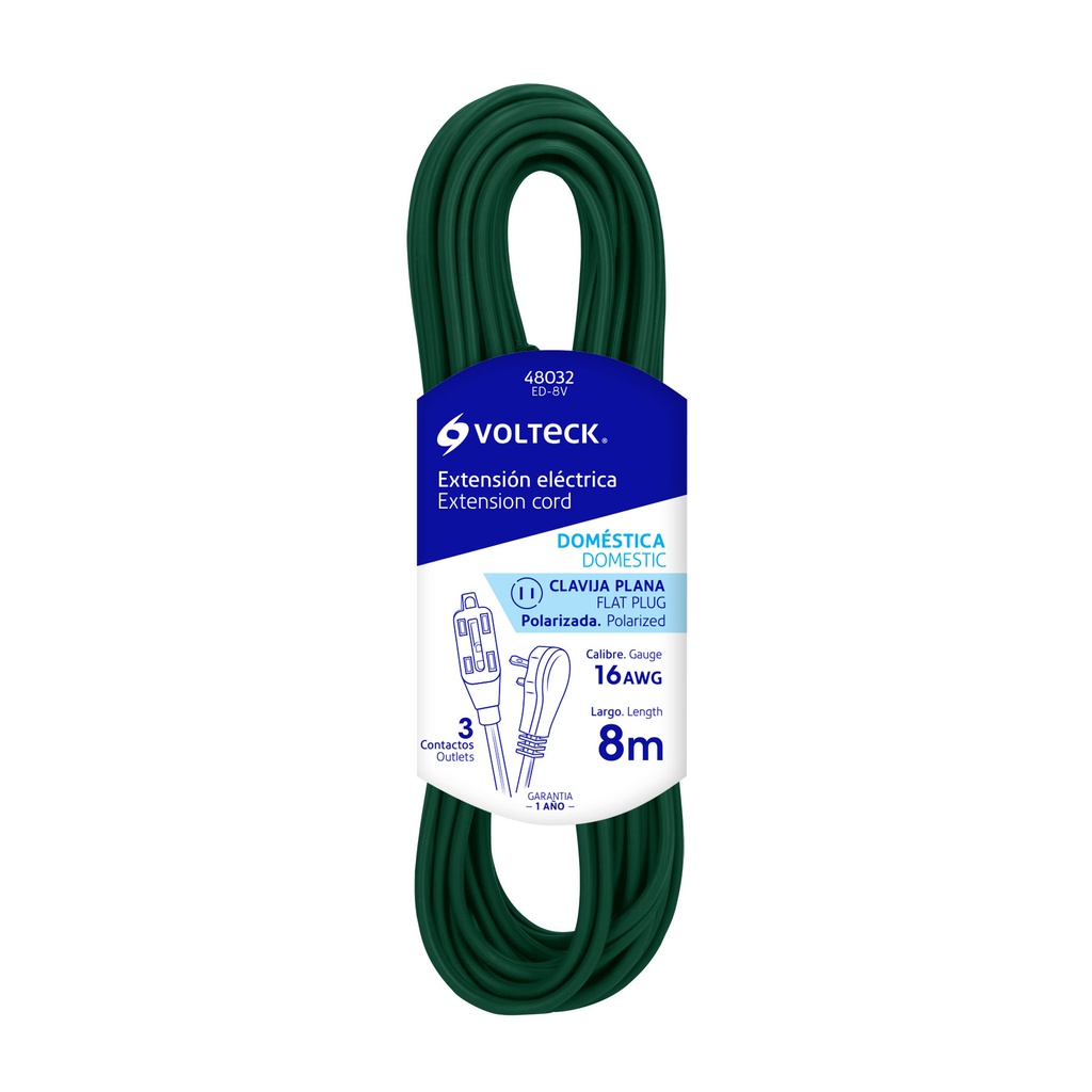 Extension electrica domestica 8 m verde con clavija plana