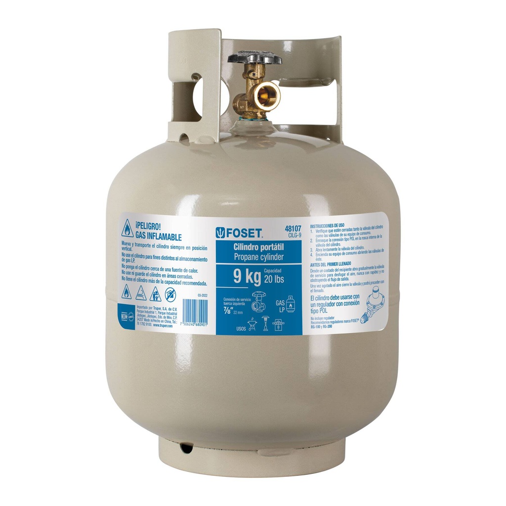 Cilindro portatil para gas LP, 20lb (9kg) Foset