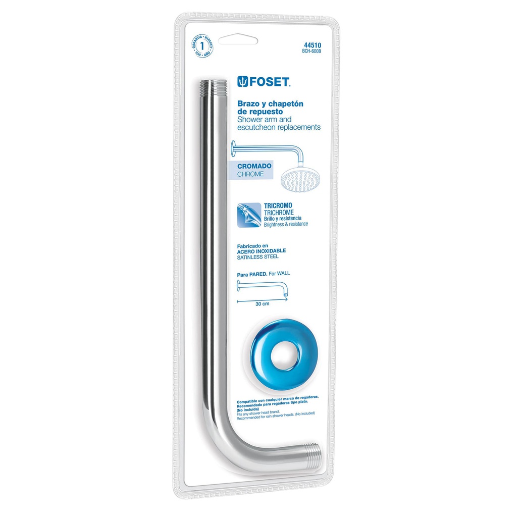 Brazo y chapeton de repuesto para regadera, Aqua, blister