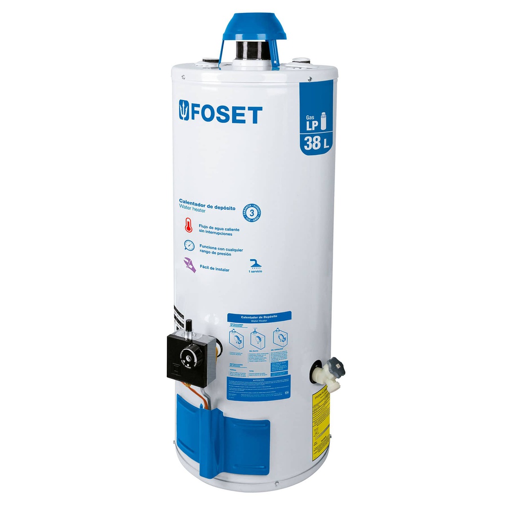 Calentador de deposito, 38L, 1 servicio, gas LP, Foset