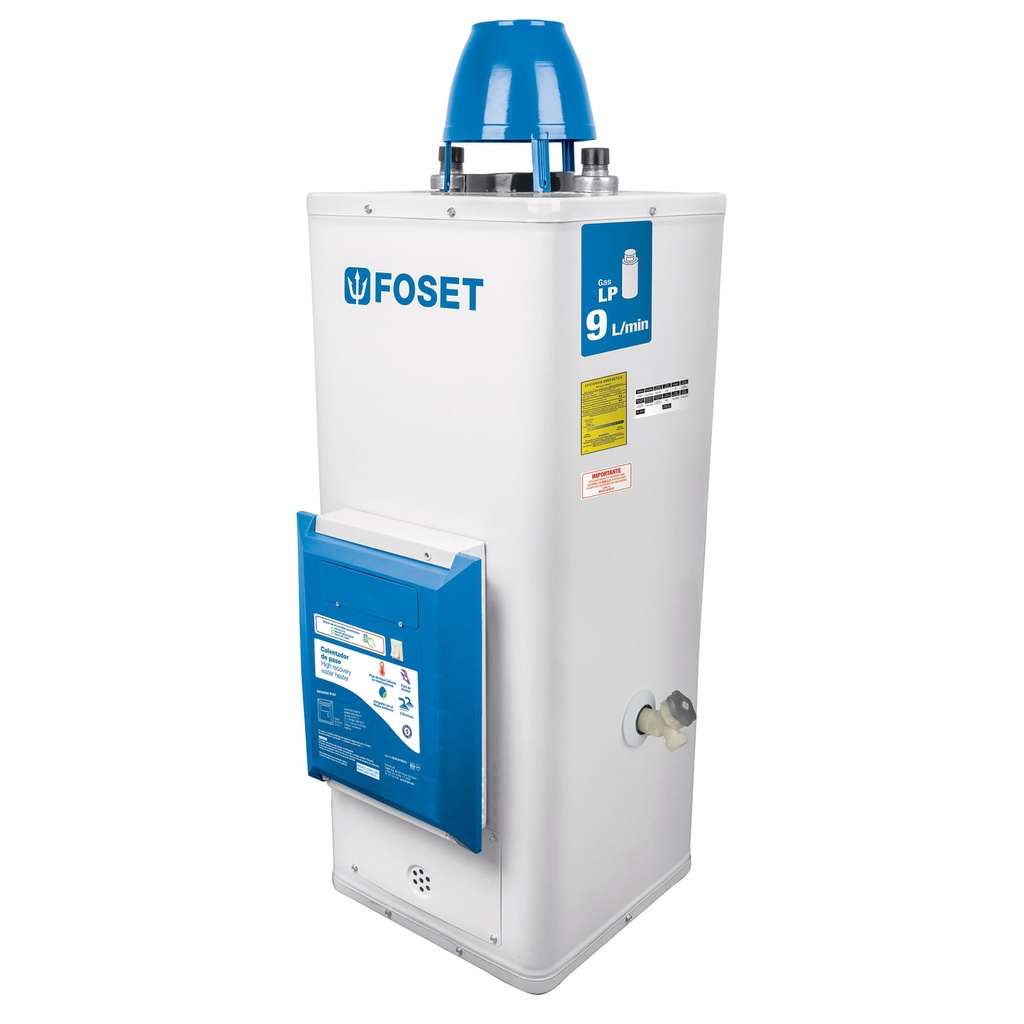Calentador de paso, electronico,9L, 2 servicios,gas LP,Foset