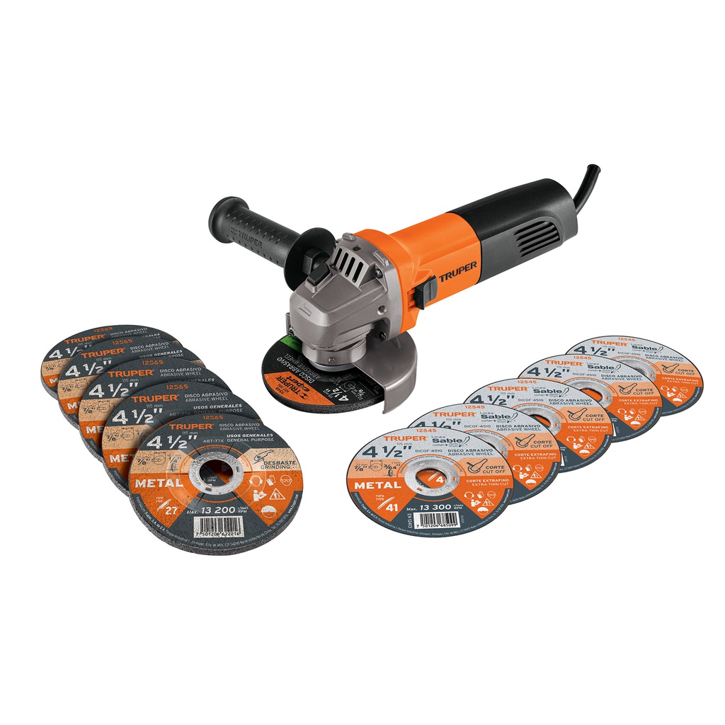 Esmeriladora 4-1/2' 800 W, 5 discos de corte y 6 desbaste