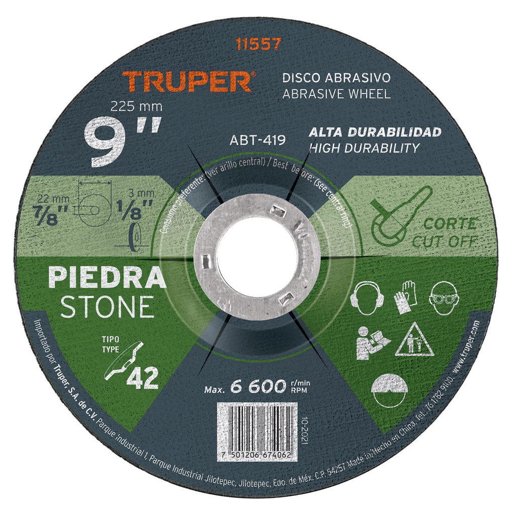 Disco Tipo 42 de 9' x 3.2 mm para corte de piedra, Truper
