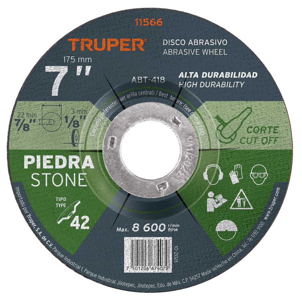 Disco Tipo 42 de 7' x 3.2 mm para corte de piedra, Truper