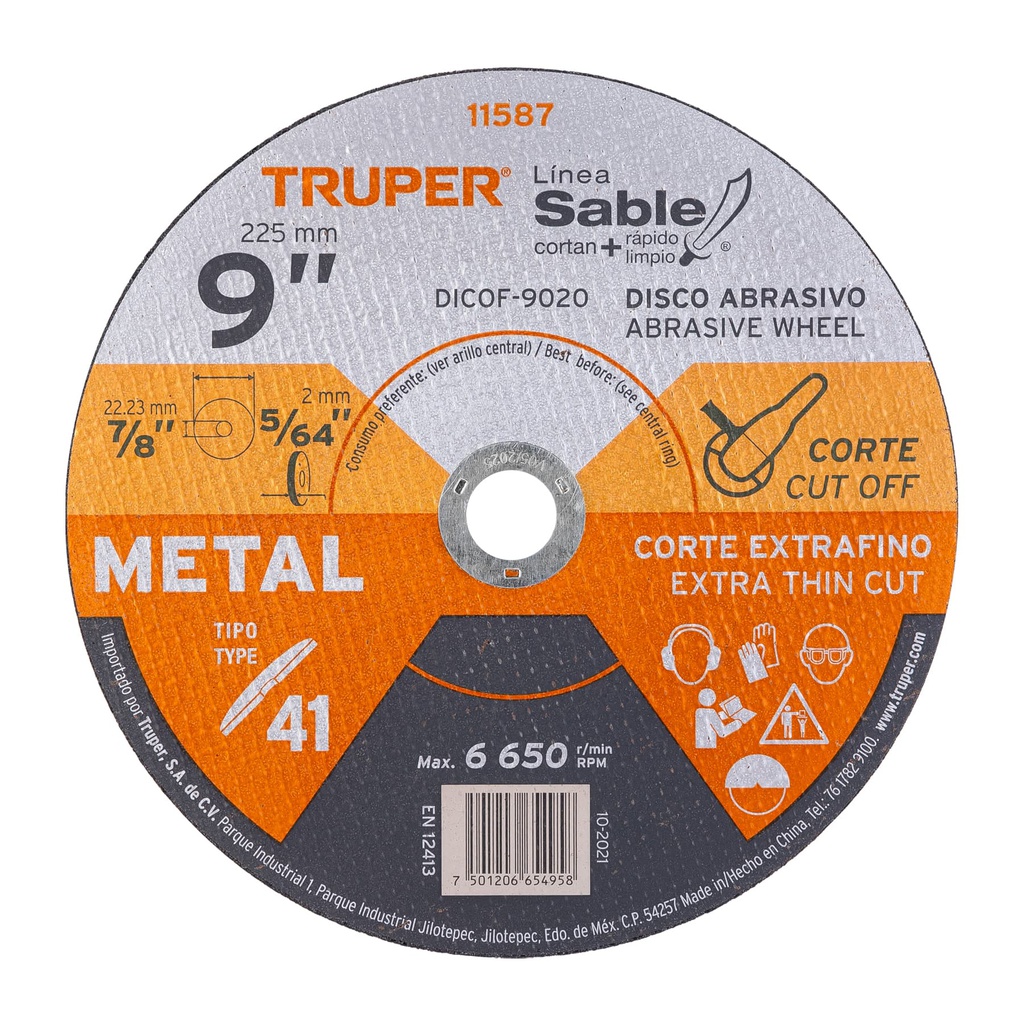 Disco Tipo 41 de 9' x 2 mm corte fino de metal, Sable
