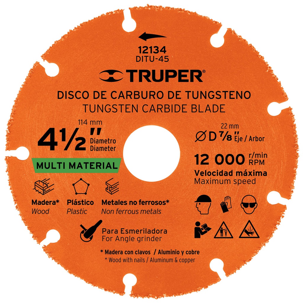 Disco 4-1/2' multimaterial de carburo de tungsteno, Truper