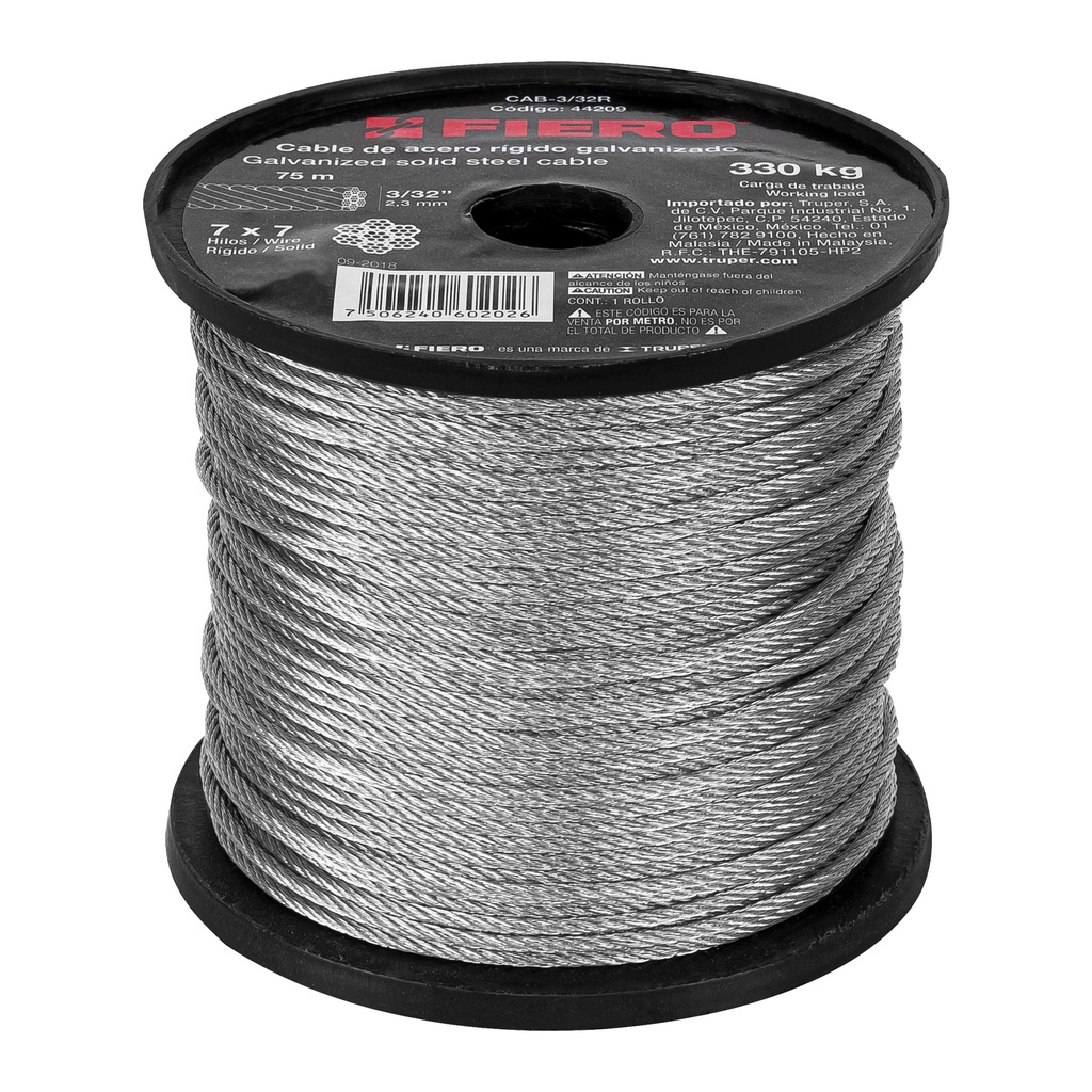 Metro de cable rigido 3/32' de acero 7x7 hilos, 75 m, Fiero
