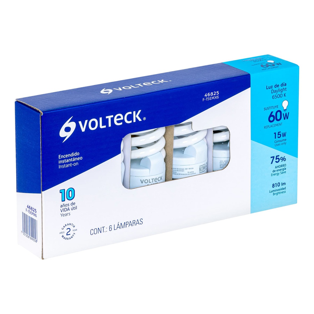 Pack de 6 lamparas espiral mini T2 15 W luz de dia, en caja