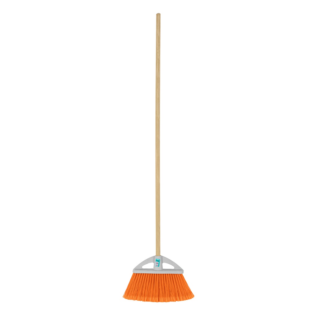 Escoba chica tipo abanico, cerdas de PVC, baston de madera