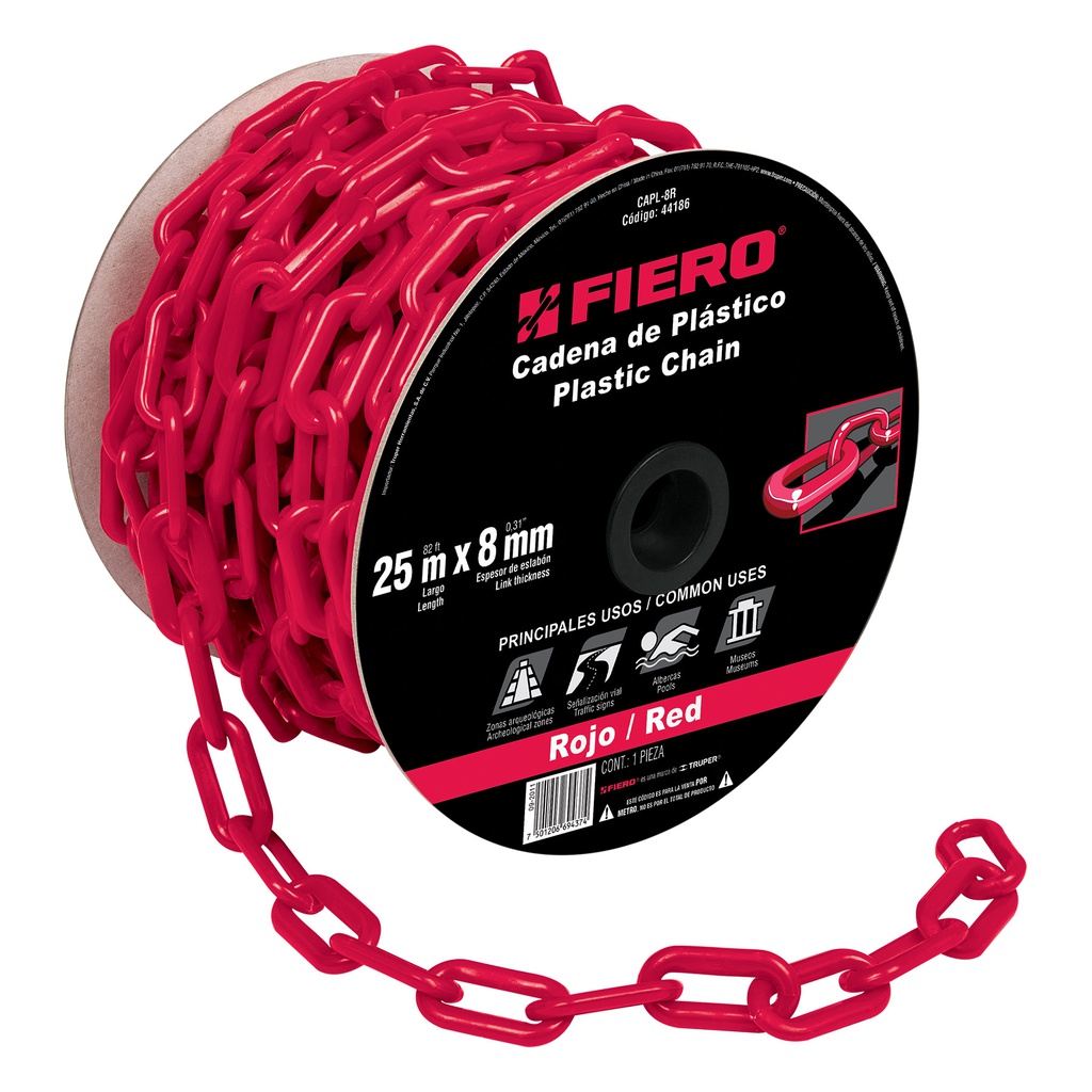Metro de cadena de 8 mm de plastico roja, carrete de 25 m