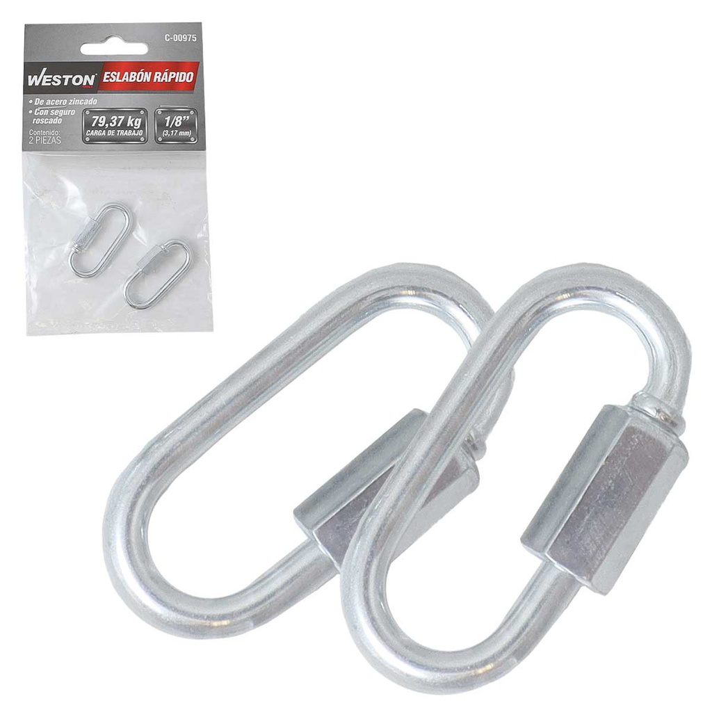 ESLABON RAPIDO ACABADO ZINC 1/8" X 36.5MM (PRECIO X PIEZA - EMPAQUE C/2 PZAS)