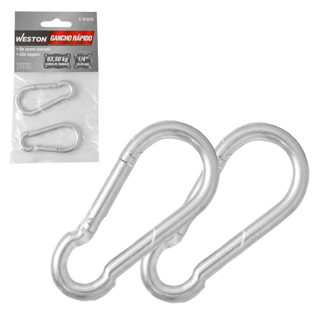 GANCHO RAPIDO ACERO C/SEGURO ZINC 7MM X 70MM (PRECIO X PIEZA - EMPAQUE C/2 PZAS)