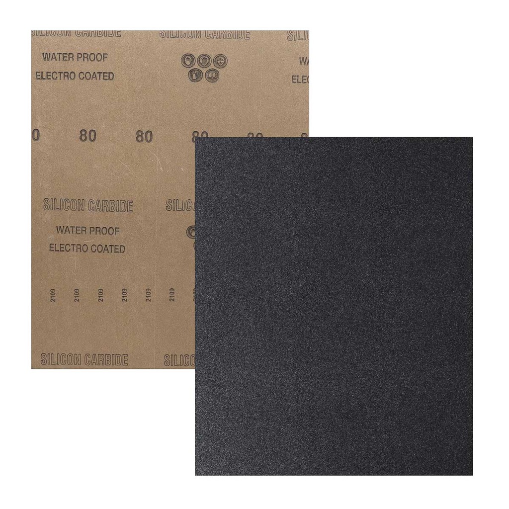 HOJA DE LIJA DE AGUA CARBURO SILICIO 9" x 11" G80 (Precio x pieza - Empaque c/50 pzas)