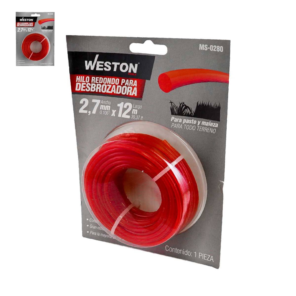 HILO REDONDO P/DESBROZADORA EN BLISTER 2.7mm X 12m - ROJO