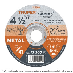 [11585] Disco Tipo 41 de 4-1/2' x 1.6 mm corte fino de metal, Sable