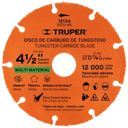 [12134] Disco 4-1/2' multimaterial de carburo de tungsteno, Truper