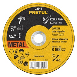 [22346] Disco Tipo 41 de 7' x 2 mm corte fino de metal, Pretul
